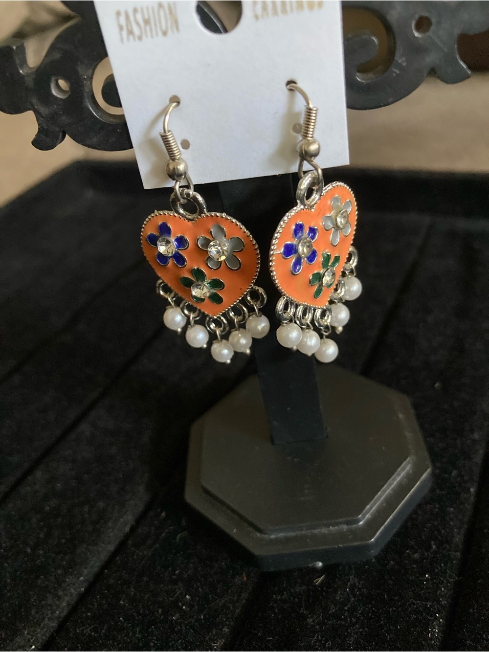 Women’s Orange Heart Dangle Earrings with Pearl Fringe